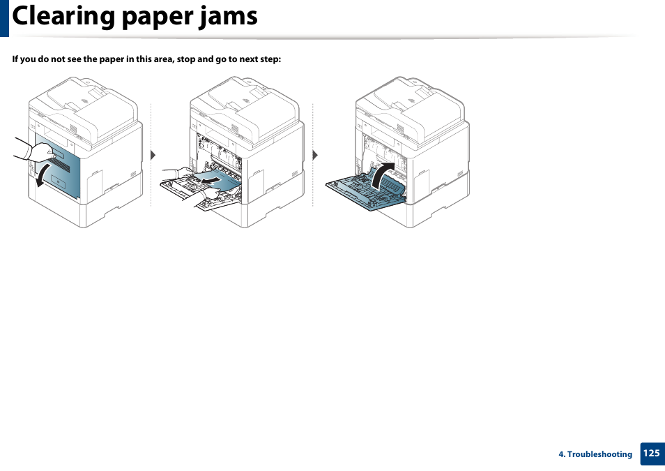 Clearing paper jams | Samsung CLX-4195N-XAX User Manual | Page 125 / 423