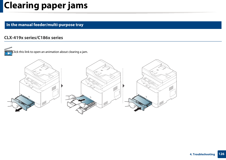 Clearing paper jams | Samsung CLX-4195N-XAX User Manual | Page 126 / 423
