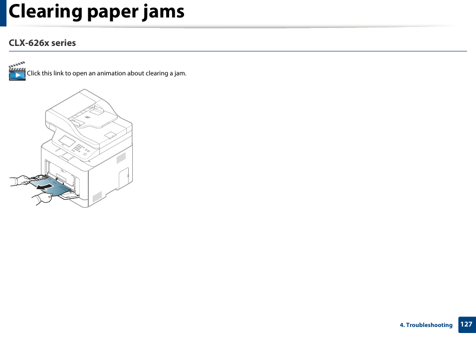 Clearing paper jams | Samsung CLX-4195N-XAX User Manual | Page 127 / 423
