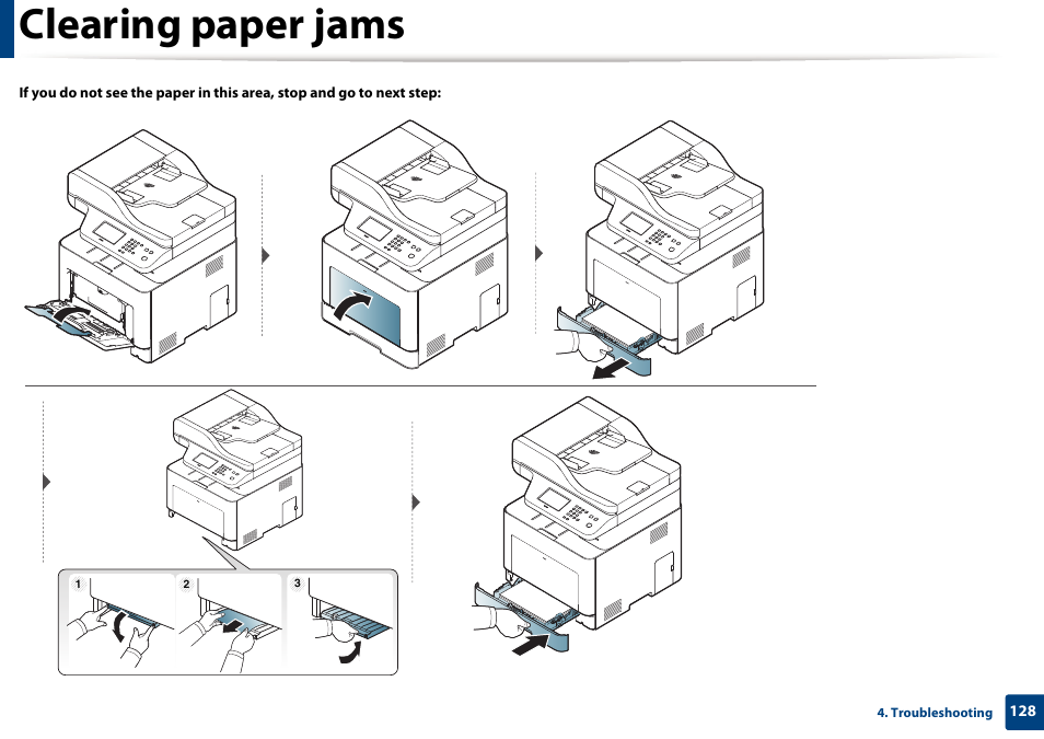 Clearing paper jams | Samsung CLX-4195N-XAX User Manual | Page 128 / 423