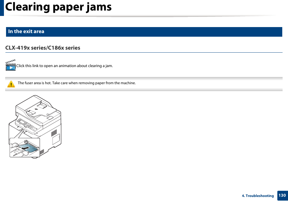Clearing paper jams | Samsung CLX-4195N-XAX User Manual | Page 130 / 423