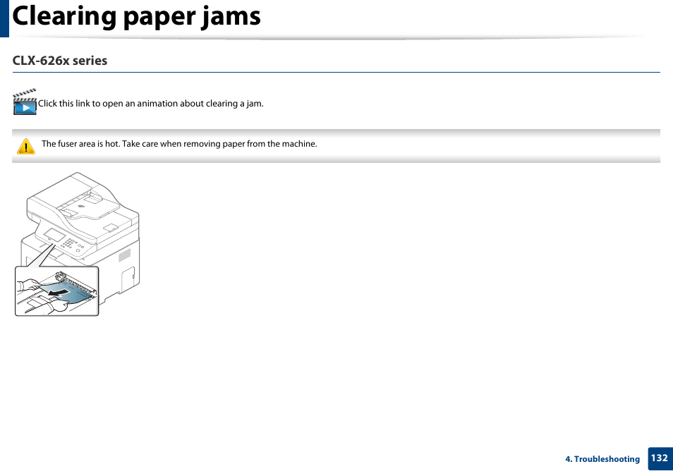 Clearing paper jams, Clx-626x series | Samsung CLX-4195N-XAX User Manual | Page 132 / 423