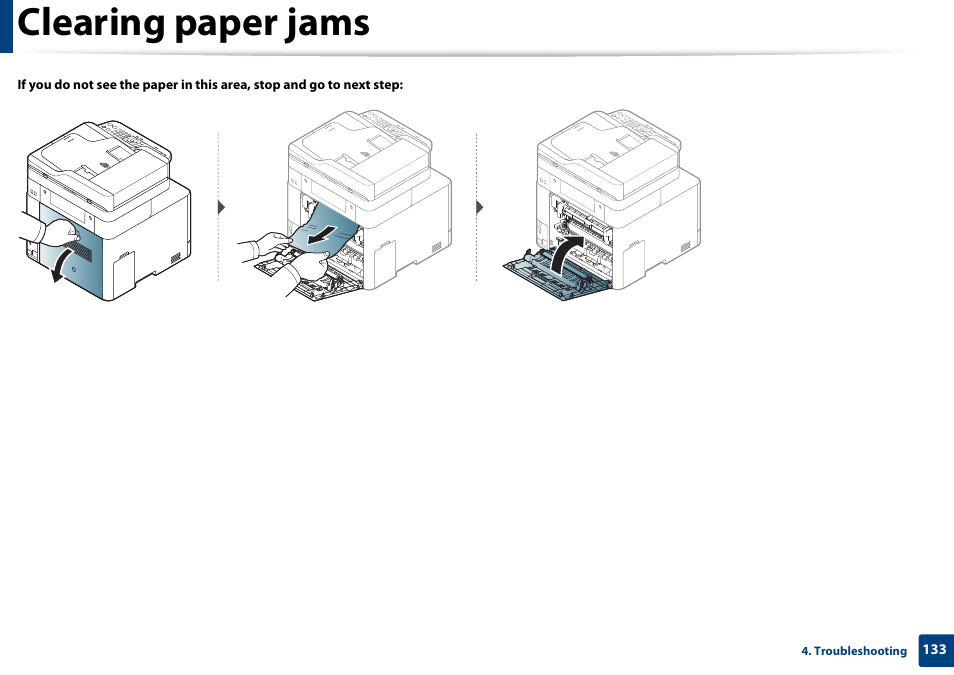 Clearing paper jams | Samsung CLX-4195N-XAX User Manual | Page 133 / 423