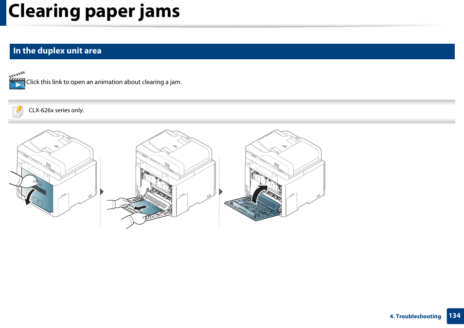 Clearing paper jams | Samsung CLX-4195N-XAX User Manual | Page 134 / 423