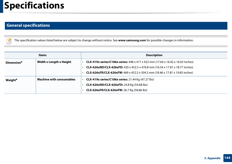 Specifications, General specifications | Samsung CLX-4195N-XAX User Manual | Page 144 / 423
