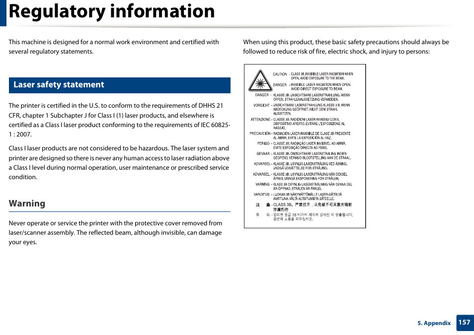 Regulatory information, Warning, Laser safety statement | Samsung CLX-4195N-XAX User Manual | Page 157 / 423