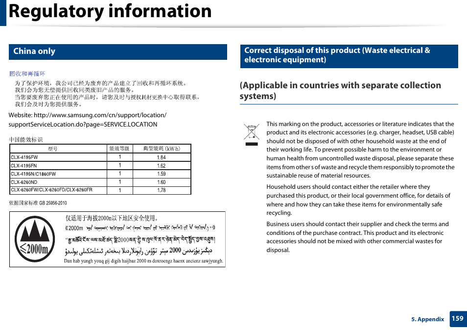 Regulatory information, China only | Samsung CLX-4195N-XAX User Manual | Page 159 / 423