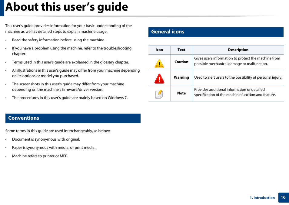About this user’s guide, Conventions, General icons | Samsung CLX-4195N-XAX User Manual | Page 16 / 423