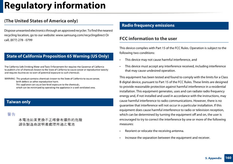 Regulatory information, The united states of america only), Fcc information to the user | Taiwan only, Radio frequency emissions | Samsung CLX-4195N-XAX User Manual | Page 160 / 423