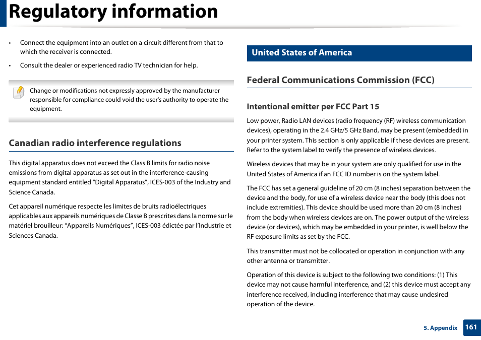 Regulatory information, Canadian radio interference regulations, Federal communications commission (fcc) | United states of america | Samsung CLX-4195N-XAX User Manual | Page 161 / 423