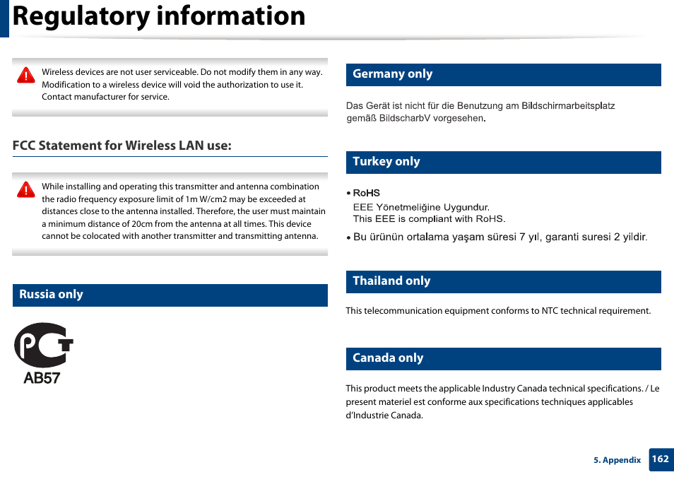 Regulatory information, Fcc statement for wireless lan use, Russia only | Germany only, Turkey only, Thailand only, Canada only | Samsung CLX-4195N-XAX User Manual | Page 162 / 423