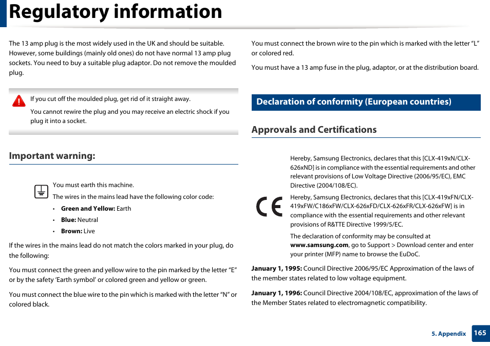 Regulatory information, Important warning, Approvals and certifications | Declaration of conformity (european countries) | Samsung CLX-4195N-XAX User Manual | Page 165 / 423