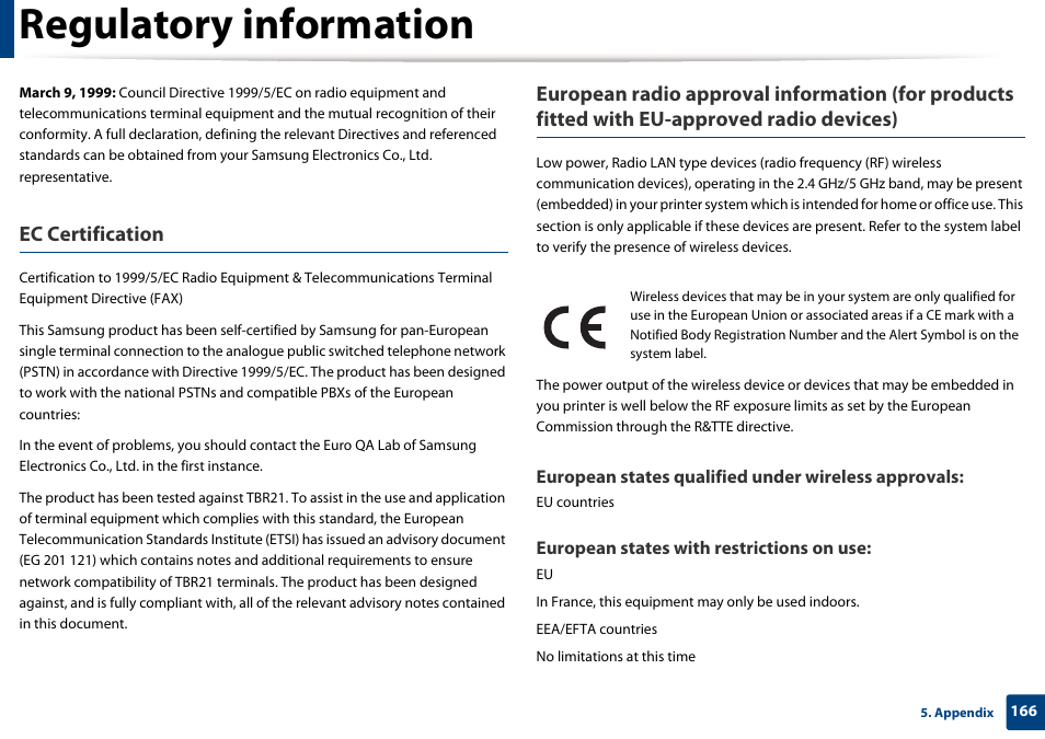 Regulatory information, Ec certification | Samsung CLX-4195N-XAX User Manual | Page 166 / 423