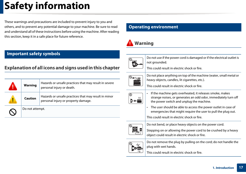 Safety information, Warning, Important safety symbols | Operating environment | Samsung CLX-4195N-XAX User Manual | Page 17 / 423