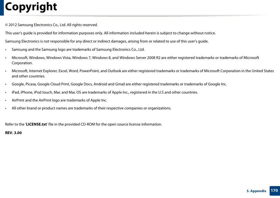 Copyright | Samsung CLX-4195N-XAX User Manual | Page 170 / 423