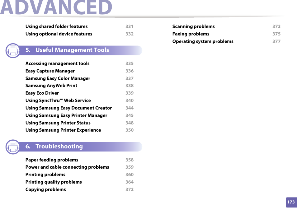 Advanced, Useful management tools, Troubleshooting | Samsung CLX-4195N-XAX User Manual | Page 173 / 423