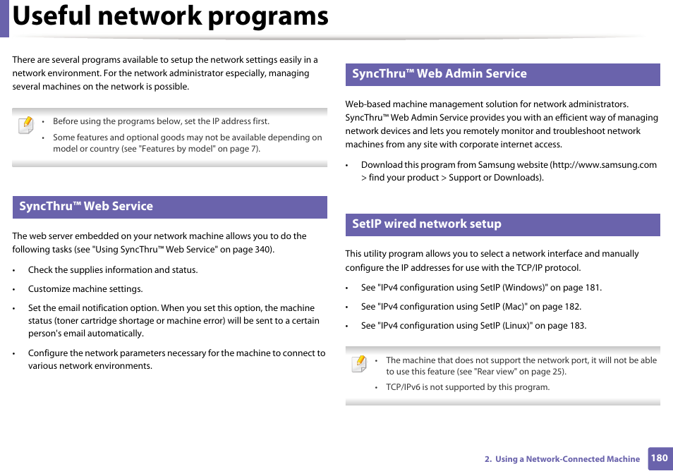 Useful network programs, Syncthru™ web service, Syncthru™ web admin service | Setip wired network setup | Samsung CLX-4195N-XAX User Manual | Page 180 / 423