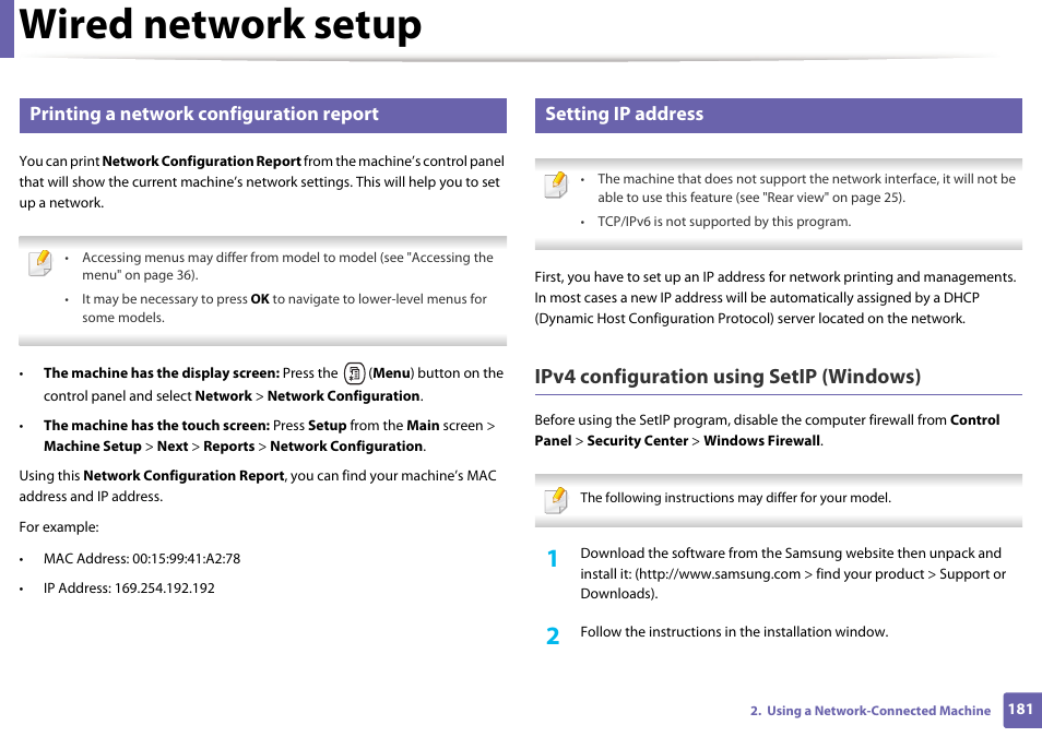 Wired network setup, Ipv4 configuration using setip (windows), Printing a network configuration report | Setting ip address | Samsung CLX-4195N-XAX User Manual | Page 181 / 423