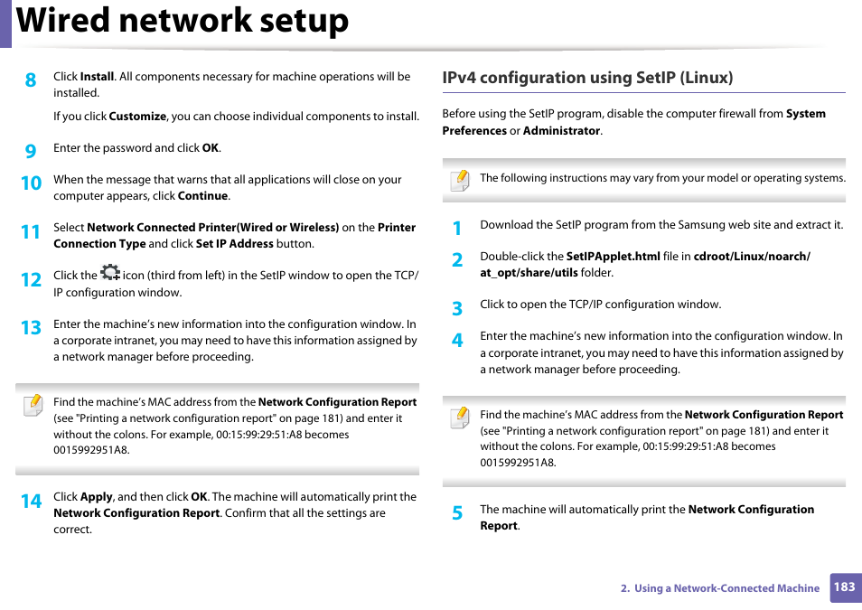 Wired network setup, Ipv4 configuration using setip (linux) | Samsung CLX-4195N-XAX User Manual | Page 183 / 423