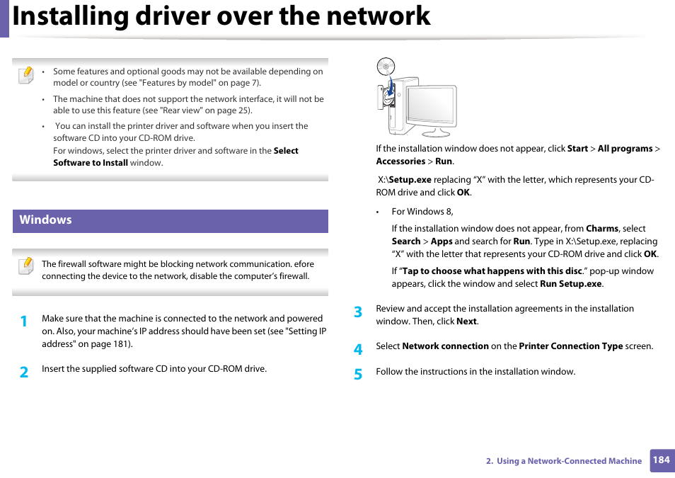 Installing driver over the network, Windows | Samsung CLX-4195N-XAX User Manual | Page 184 / 423