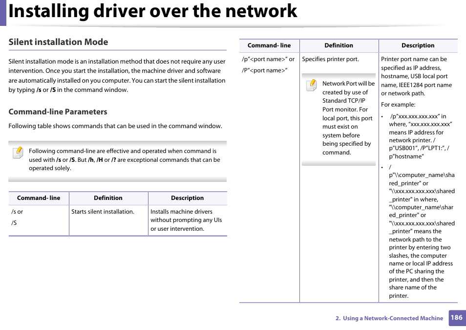 Installing driver over the network, Silent installation mode, Command-line parameters | Samsung CLX-4195N-XAX User Manual | Page 186 / 423
