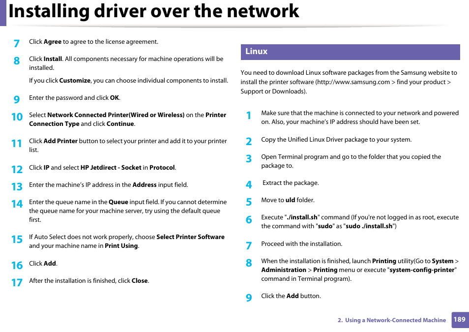 Installing driver over the network | Samsung CLX-4195N-XAX User Manual | Page 189 / 423
