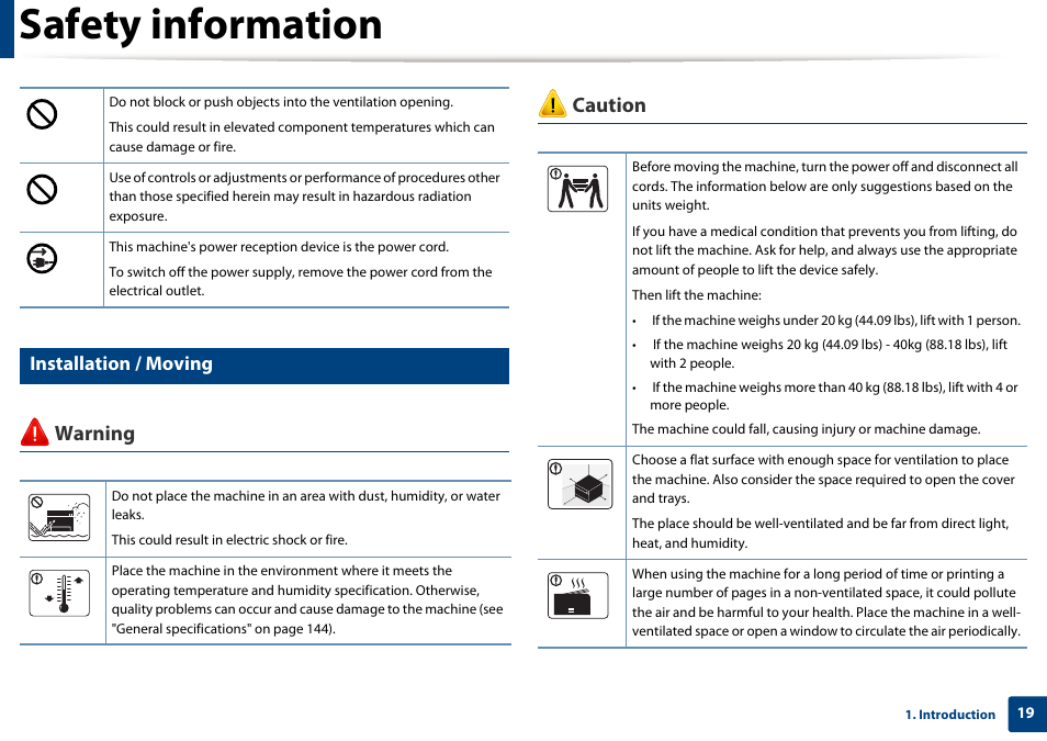 Safety information, Warning caution, Installation / moving | Samsung CLX-4195N-XAX User Manual | Page 19 / 423