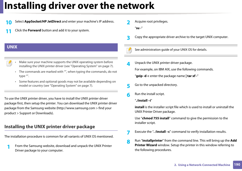 Installing driver over the network, Installing the unix printer driver package | Samsung CLX-4195N-XAX User Manual | Page 190 / 423