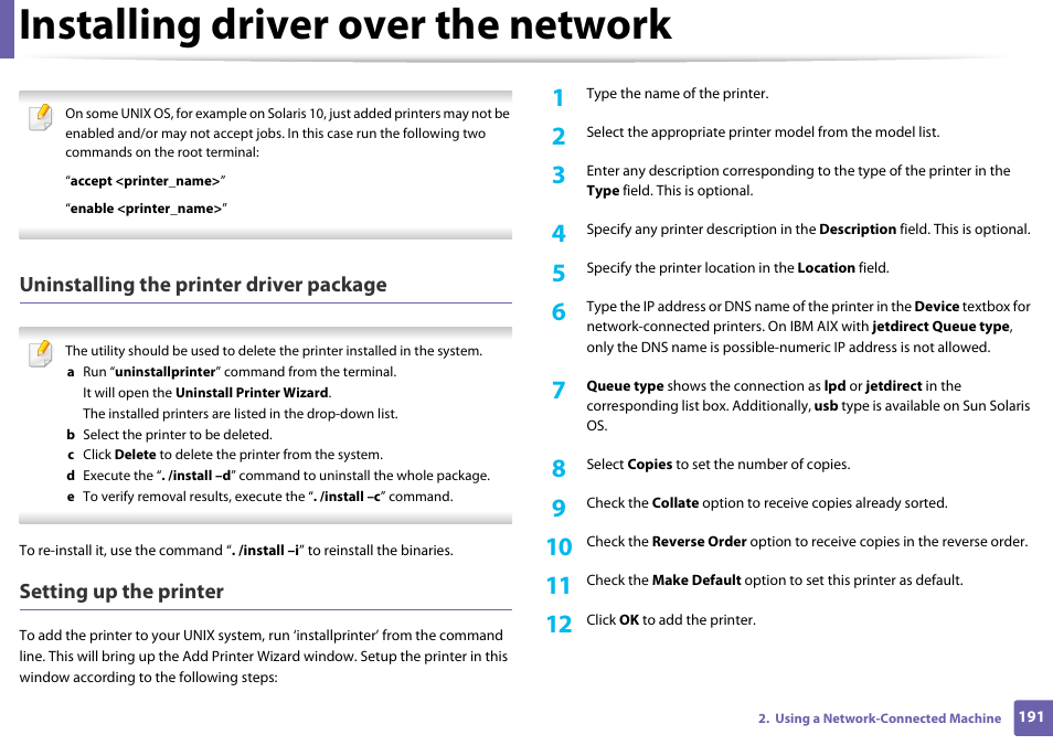 Installing driver over the network, Uninstalling the printer driver package, Setting up the printer | Samsung CLX-4195N-XAX User Manual | Page 191 / 423