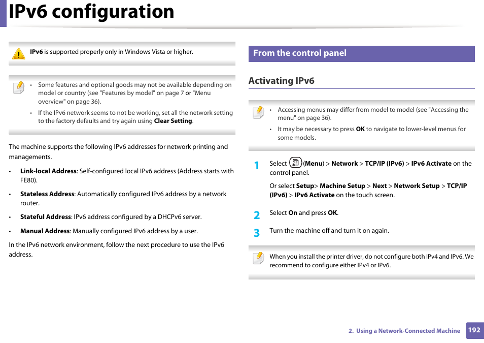 Ipv6 configuration, Activating ipv6 | Samsung CLX-4195N-XAX User Manual | Page 192 / 423