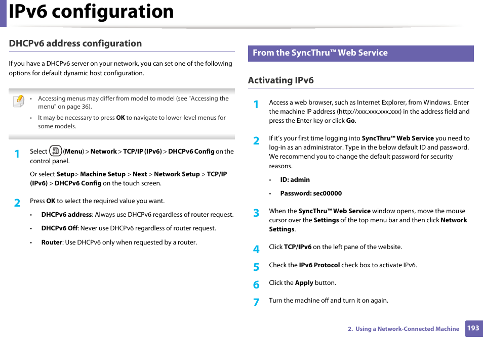 Ipv6 configuration, Dhcpv6 address configuration, Activating ipv6 | Samsung CLX-4195N-XAX User Manual | Page 193 / 423