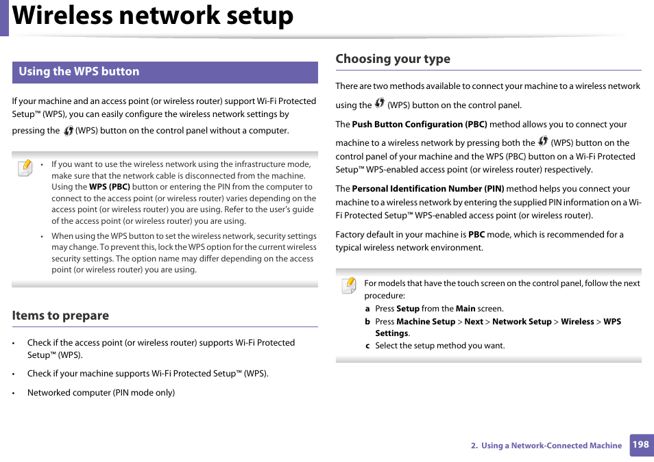 Wireless network setup, Items to prepare, Choosing your type | Using the wps button | Samsung CLX-4195N-XAX User Manual | Page 198 / 423