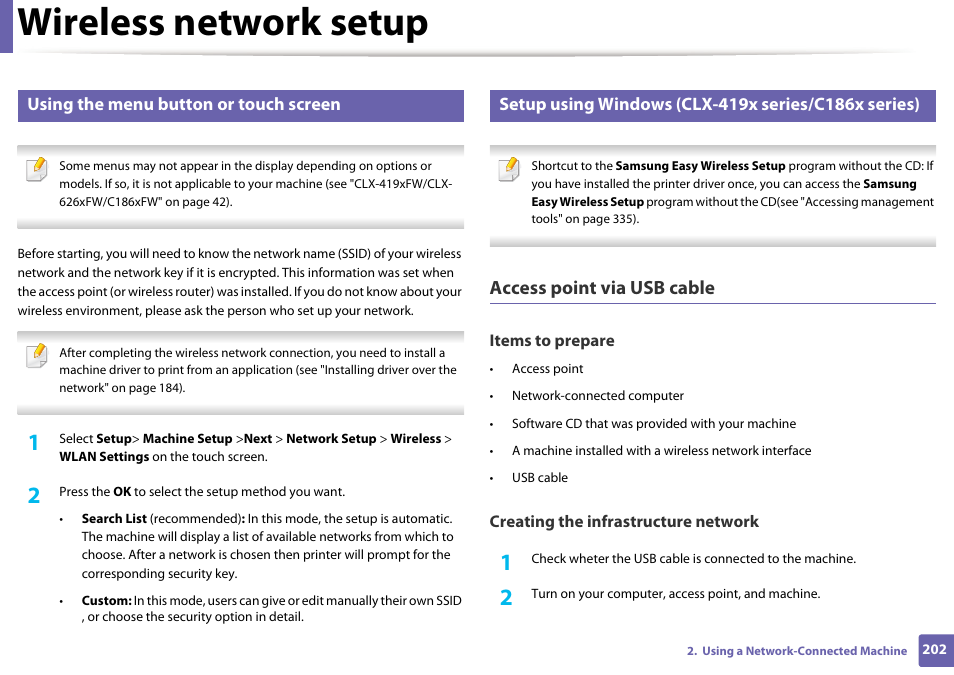 Wireless network setup, Access point via usb cable, Using the menu button or touch screen | Samsung CLX-4195N-XAX User Manual | Page 202 / 423