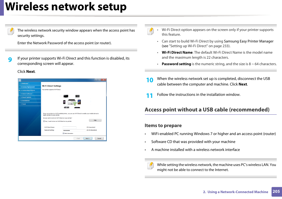 Wireless network setup, Access point without a usb cable (recommended) | Samsung CLX-4195N-XAX User Manual | Page 205 / 423