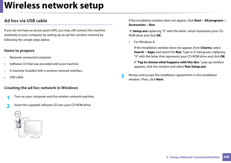 Wireless network setup, Ad hoc via usb cable | Samsung CLX-4195N-XAX User Manual | Page 208 / 423