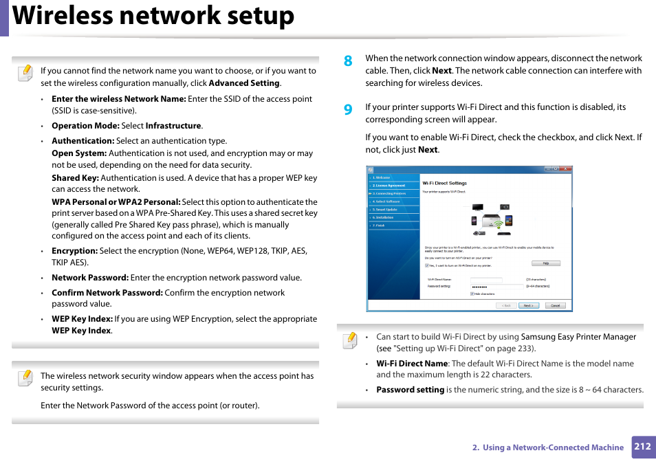 Wireless network setup | Samsung CLX-4195N-XAX User Manual | Page 212 / 423