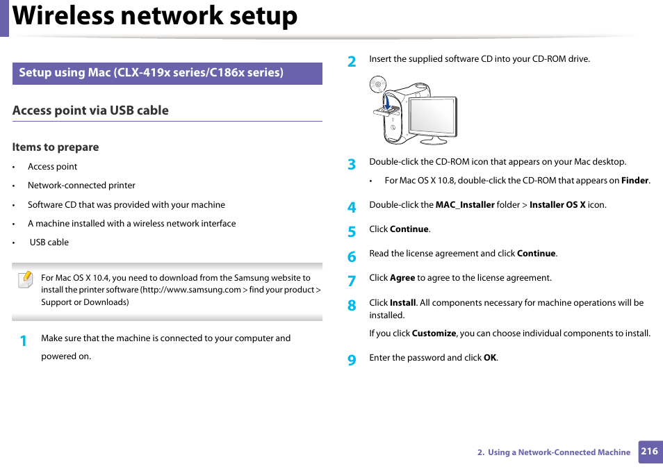 Wireless network setup, Access point via usb cable | Samsung CLX-4195N-XAX User Manual | Page 216 / 423