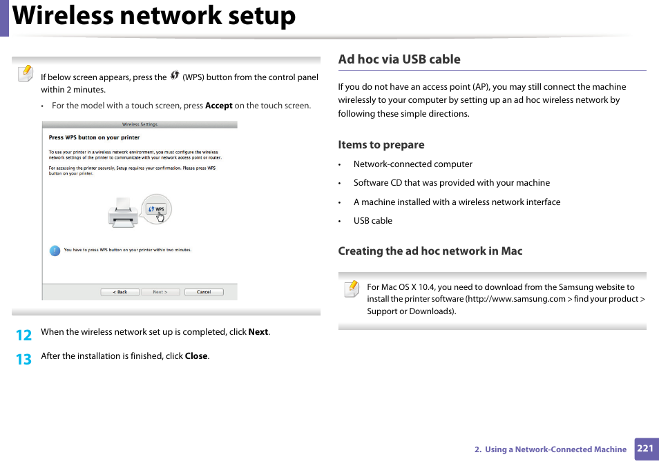 Wireless network setup, Ad hoc via usb cable | Samsung CLX-4195N-XAX User Manual | Page 221 / 423