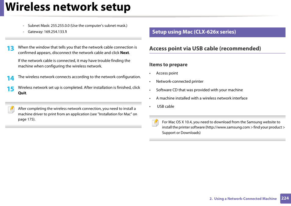 Wireless network setup, Access point via usb cable (recommended), Setup using mac (clx-626x series) | Samsung CLX-4195N-XAX User Manual | Page 224 / 423