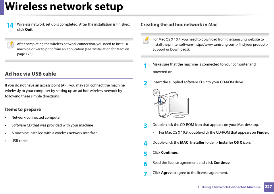 Wireless network setup, Ad hoc via usb cable | Samsung CLX-4195N-XAX User Manual | Page 227 / 423