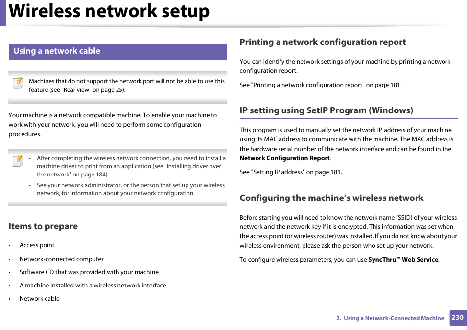 Wireless network setup, Items to prepare, Printing a network configuration report | Ip setting using setip program (windows), Configuring the machine’s wireless network, Using a network cable | Samsung CLX-4195N-XAX User Manual | Page 230 / 423