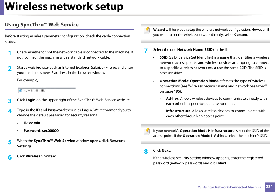 Wireless network setup, Using syncthru™ web service | Samsung CLX-4195N-XAX User Manual | Page 231 / 423