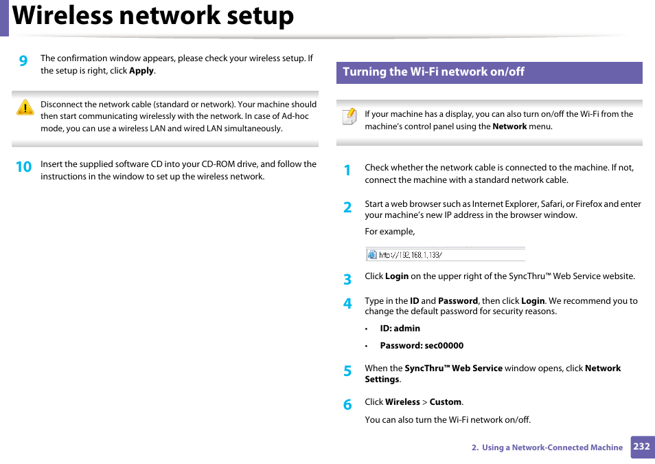 Wireless network setup | Samsung CLX-4195N-XAX User Manual | Page 232 / 423