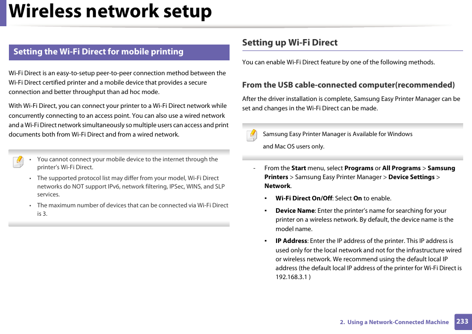 Wireless network setup, Setting up wi-fi direct, Setting the wi-fi direct for mobile printing | Samsung CLX-4195N-XAX User Manual | Page 233 / 423