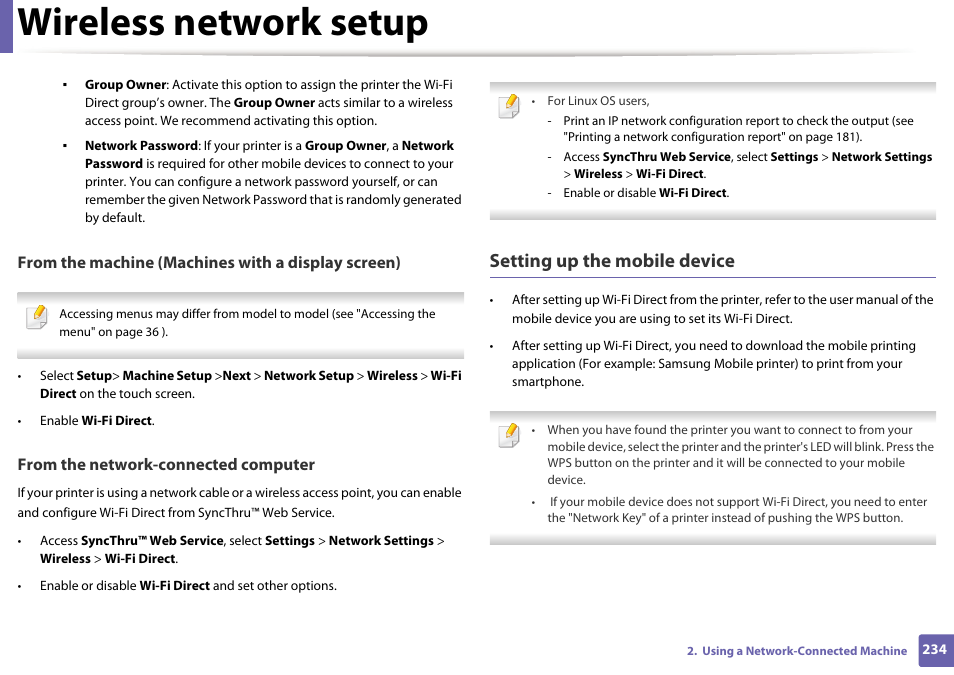 Wireless network setup, Setting up the mobile device | Samsung CLX-4195N-XAX User Manual | Page 234 / 423