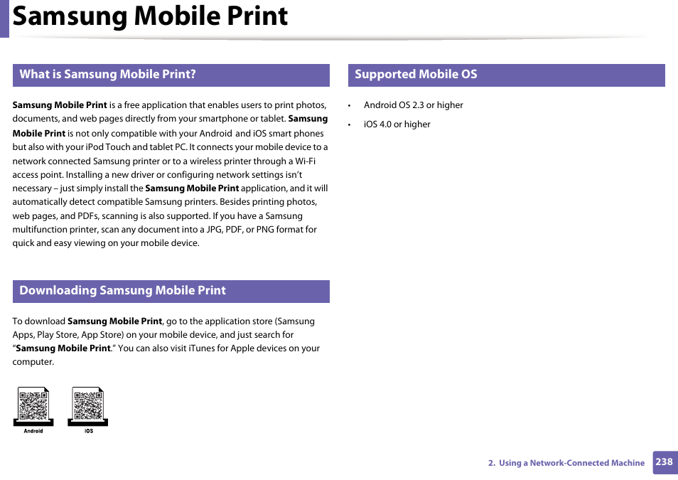 Samsung mobile print, What is samsung mobile print, Downloading samsung mobile print | Supported mobile os | Samsung CLX-4195N-XAX User Manual | Page 238 / 423