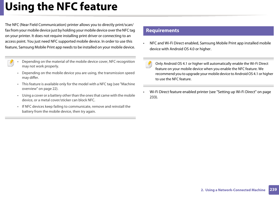 Using the nfc feature, Requirements | Samsung CLX-4195N-XAX User Manual | Page 239 / 423