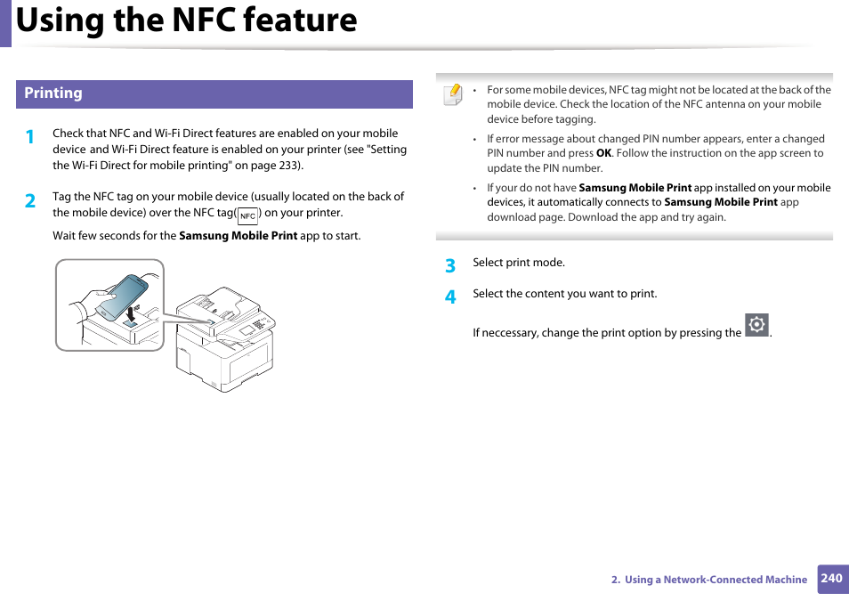 Using the nfc feature, Printing | Samsung CLX-4195N-XAX User Manual | Page 240 / 423
