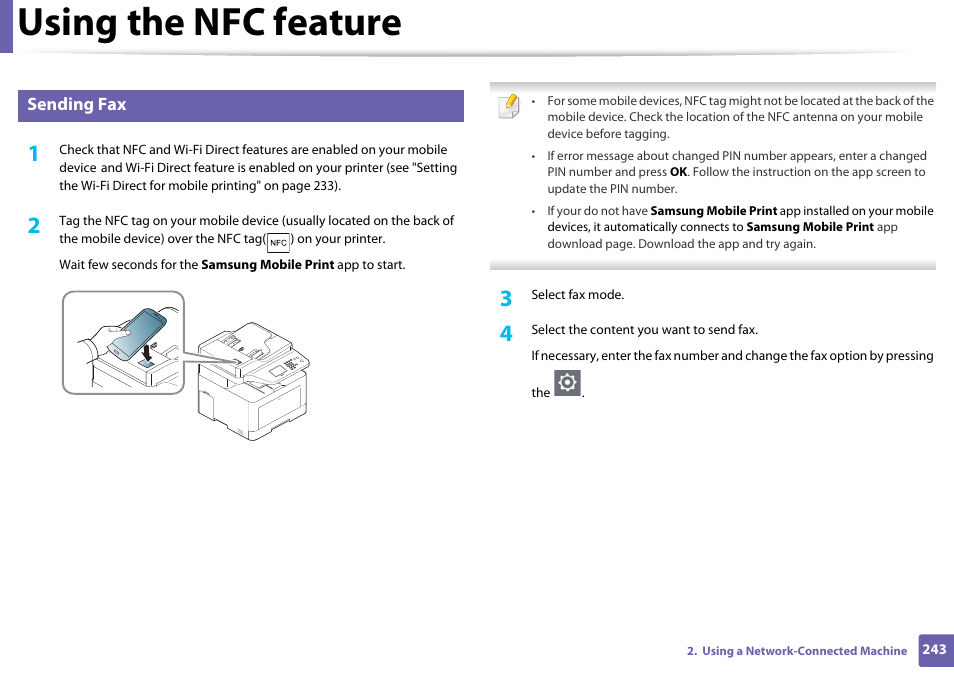 Using the nfc feature, Sending fax | Samsung CLX-4195N-XAX User Manual | Page 243 / 423