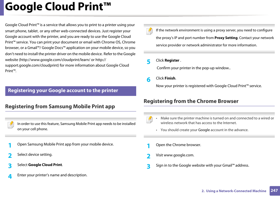 Google cloud print, Registering from samsung mobile print app, Registering from the chrome browser | Registering your google account to the printer | Samsung CLX-4195N-XAX User Manual | Page 247 / 423